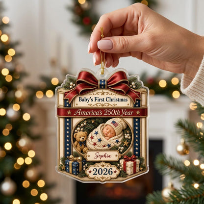 Personalized America 250th Baby's First Christmas Gift Box Acrylic Ornament, Custom Patriotic Keepsake