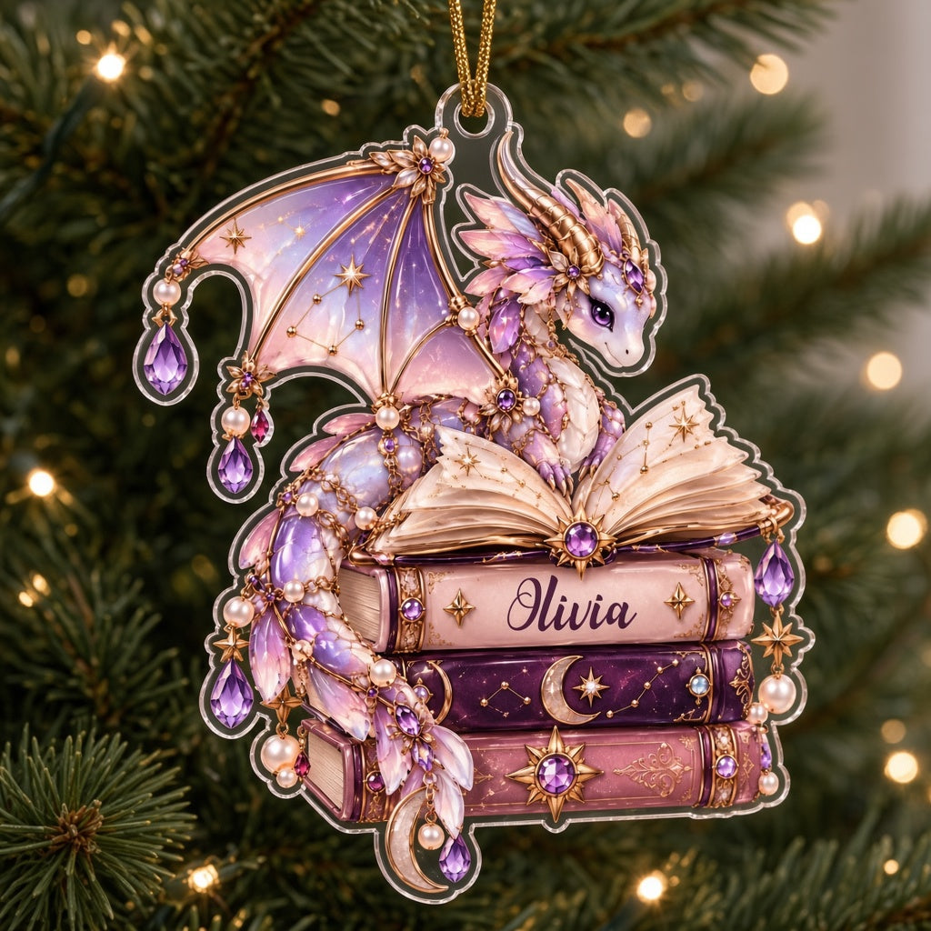 Pastel purple and gold dragon on an open book atop stacked books with jewels and pearls on a clear acrylic ornament.