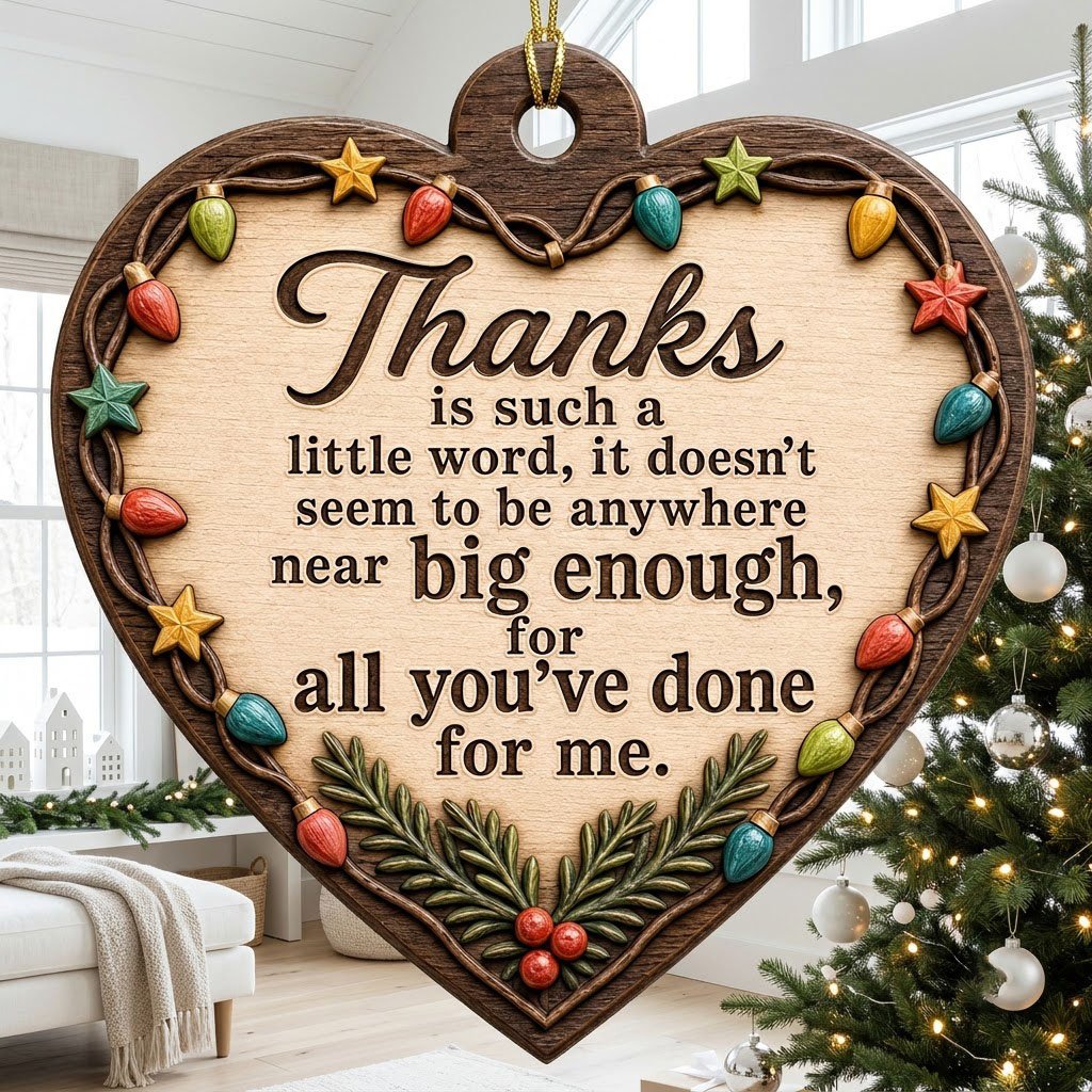 Heart-shaped wood ornament with a lights-and-stars border, pine sprigs with red berries, and a gratitude quote.