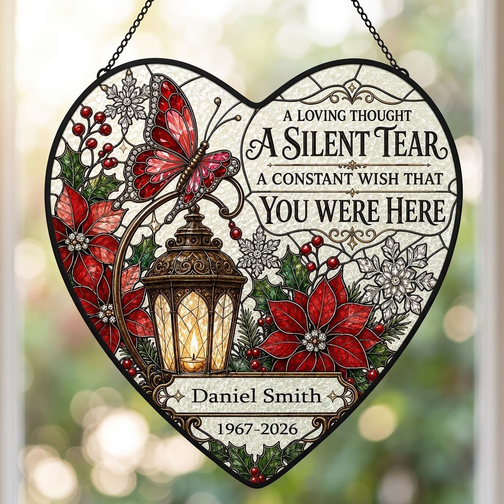 Personalized Red Butterfly Glowing Lantern A Silent Tear Memorial Heart Stained Glass Suncatcher