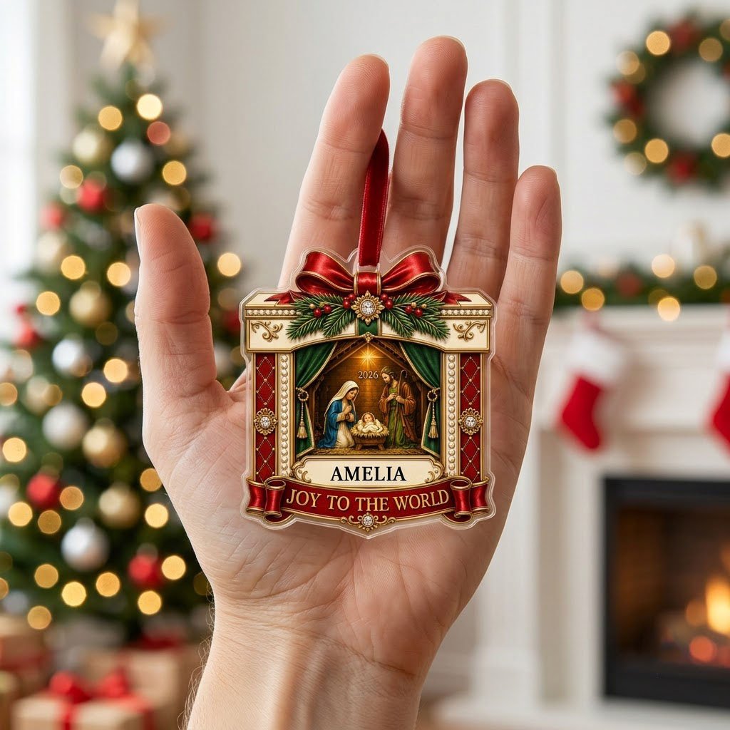 Personalized Nativity Scene Gift Box Acrylic Ornament, Custom Christian Holy Family Christmas Keepsake