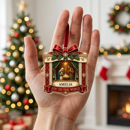 Personalized Nativity Scene Gift Box Acrylic Ornament, Custom Christian Holy Family Christmas Keepsake