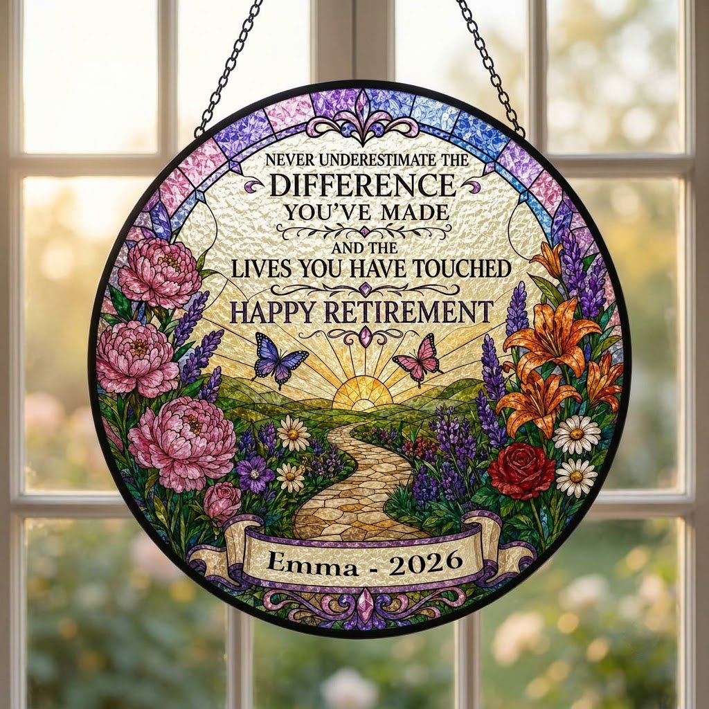Personalized Retirement Sunrise Pathway Never Underestimate The Difference Stained Glass Round Suncatcher