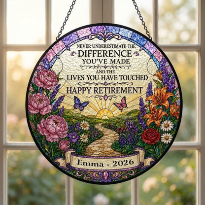 Personalized Retirement Sunrise Pathway Never Underestimate The Difference Stained Glass Round Suncatcher