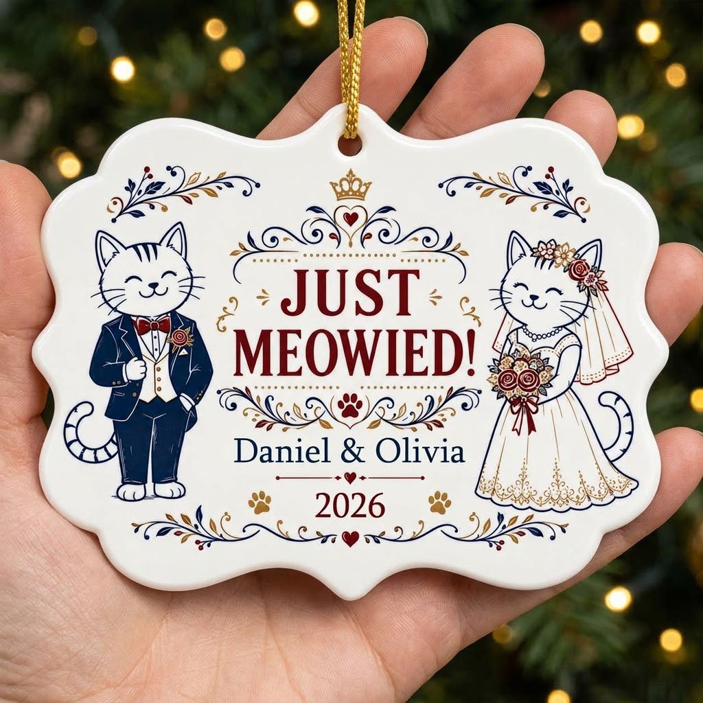 Medallion ceramic ornament with cat bride and groom, gold crown, floral scrolls, red hearts and paw prints on white.