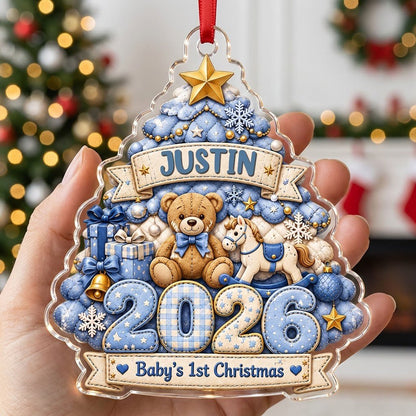 Acrylic tree ornament with teddy bear, rocking horse, Baby's 1st Christmas and quilted year in blue and gold.