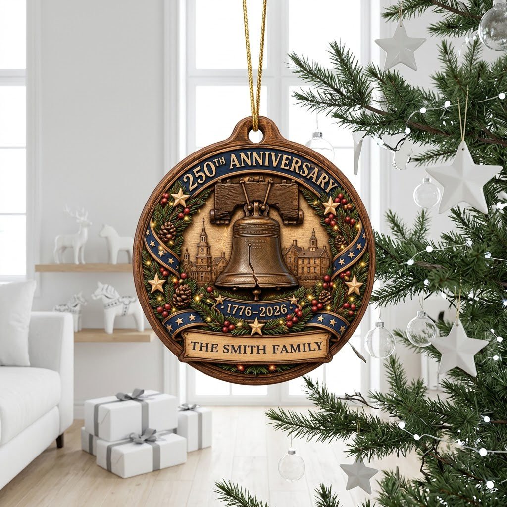 Round wood ornament with Liberty Bell, Independence Hall, pine wreath, gold stars, and a name banner.