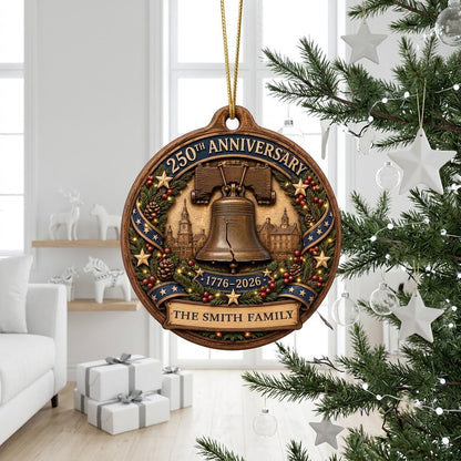 Round wood ornament with Liberty Bell, Independence Hall, pine wreath, gold stars, and a name banner.