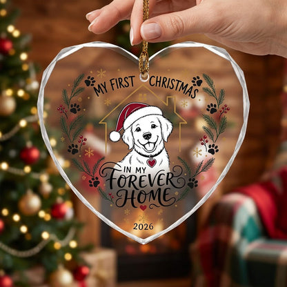 My First Christmas in My Forever Home Puppy Dog Heart Glass Ornament