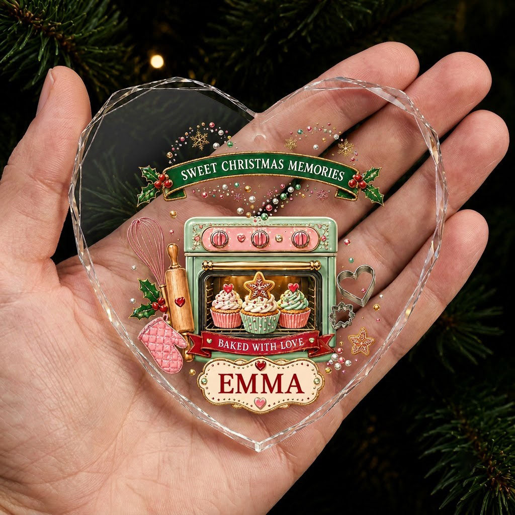 Heart suncatcher with mint-green oven, cupcakes, baking tools, holly, and Sweet Christmas Memories text