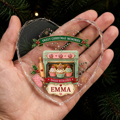 Heart suncatcher with mint-green oven, cupcakes, baking tools, holly, and Sweet Christmas Memories text