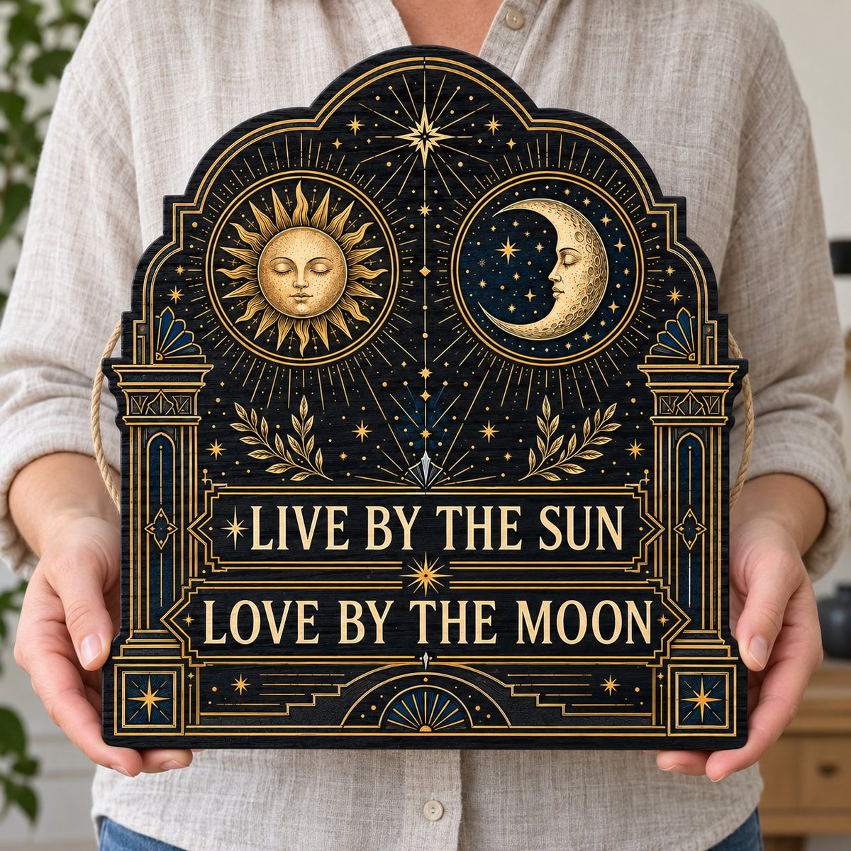 Arched wooden sign with sun and moon faces, constellations, and 'Live By The Sun, Love By The Moon'.