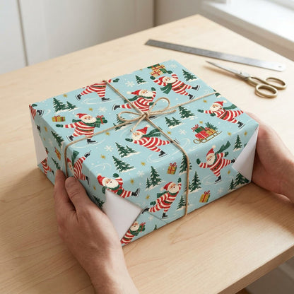 Blue wrapping paper with a pattern of ice-skating Santas, pine trees, sleds of gifts, presents and golden stars.