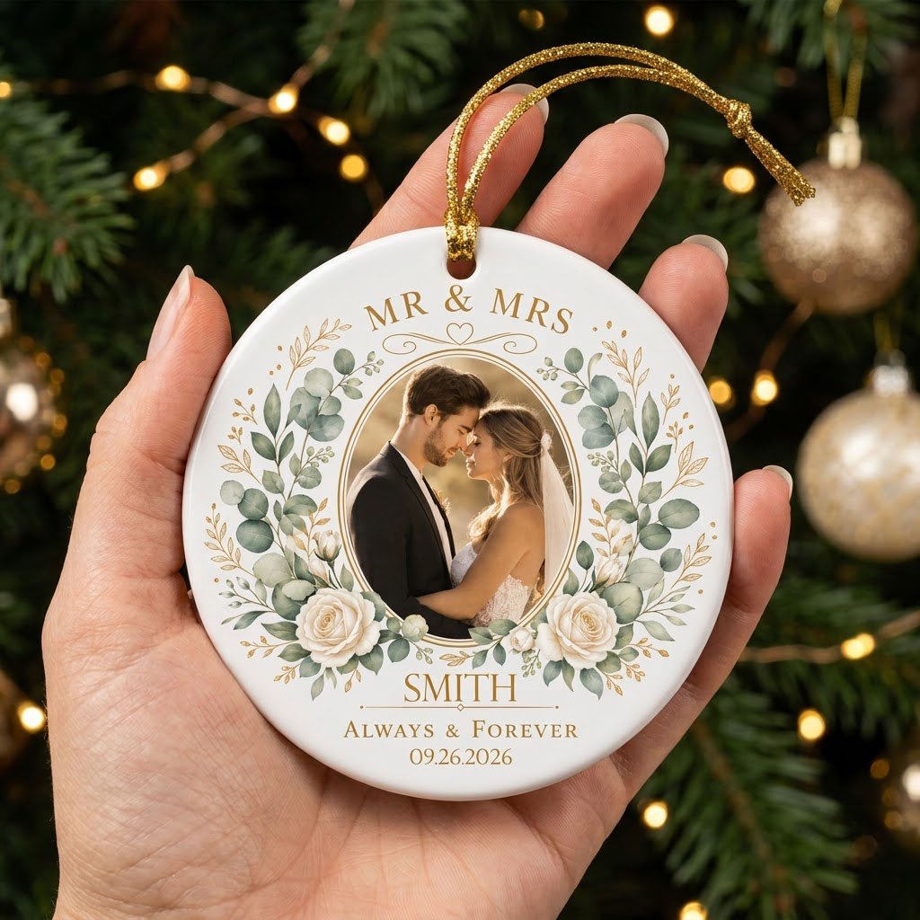 Round ceramic ornament with eucalyptus and white rose wreath, gold accents, MR MRS ALWAYS & FOREVER, photo, surname, and