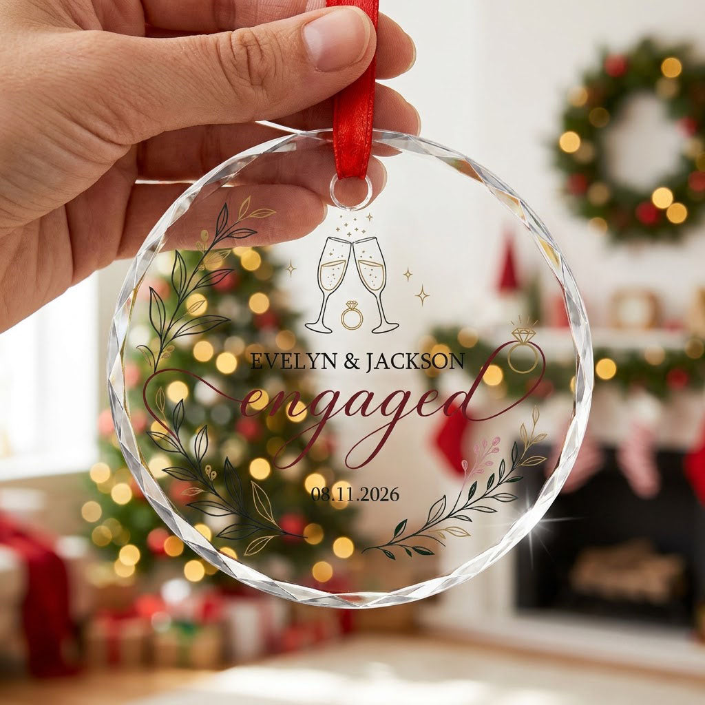 Round glass ornament with clinking champagne flutes, sparkles, ring and botanical foliage with burgundy ribbon and the w