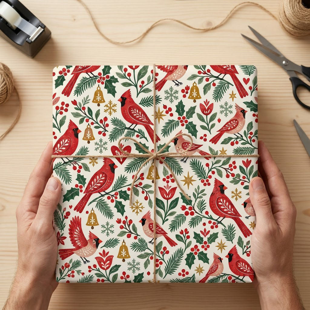 Cream gift wrap with red cardinals, pine and holly, berries, gold bells and snowflakes in a Christmas pattern.