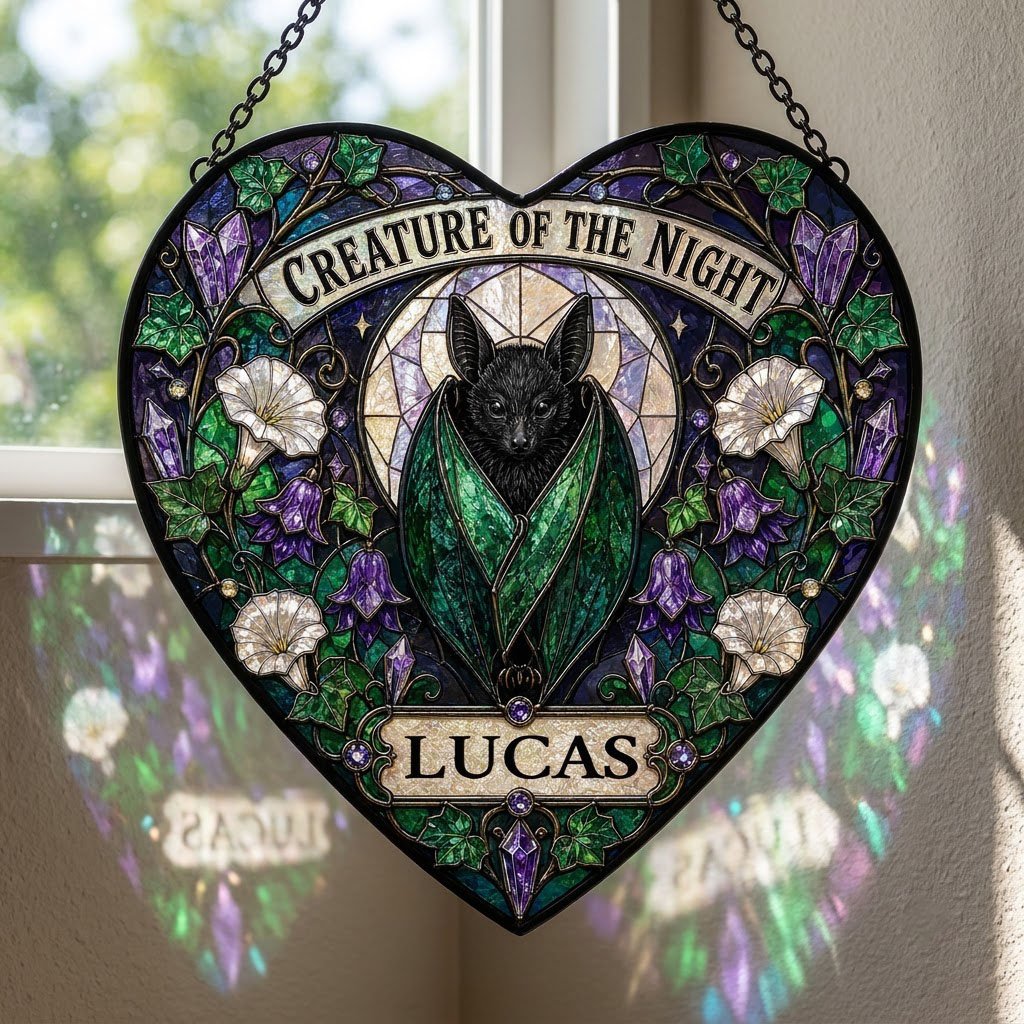 Heart stained glass suncatcher with a black bat over a moon, ivy, white morning glory flowers, purple bellflowers, and c