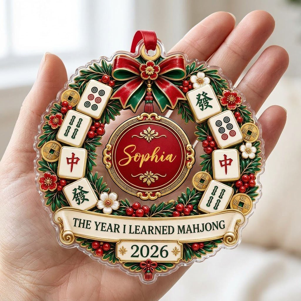 A clear acrylic wreath ornament with Mahjong tiles, red bow, gold coins, and the text THE YEAR I LEARNED MAHJONG.