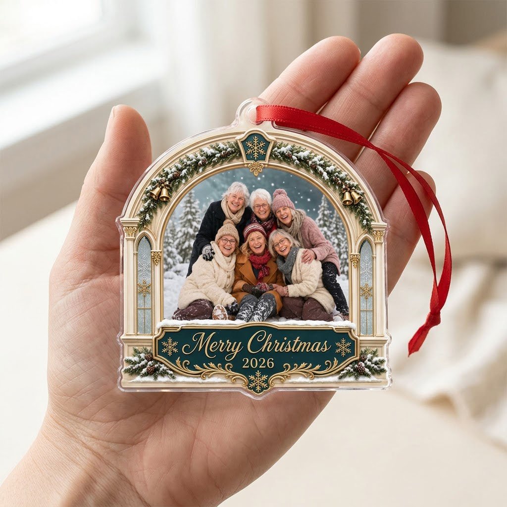 Arch acrylic ornament with pine, gold bells, Merry Christmas text, plus a photo and year on a green banner.
