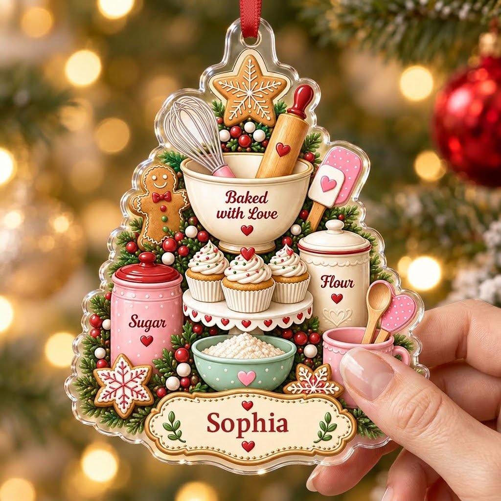 Baking-themed tree acrylic ornament with gingerbread star, cupcakes, utensils, and a name banner.