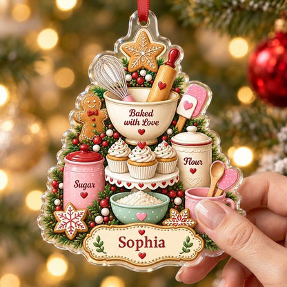 Baking-themed tree acrylic ornament with gingerbread star, cupcakes, utensils, and a name banner.