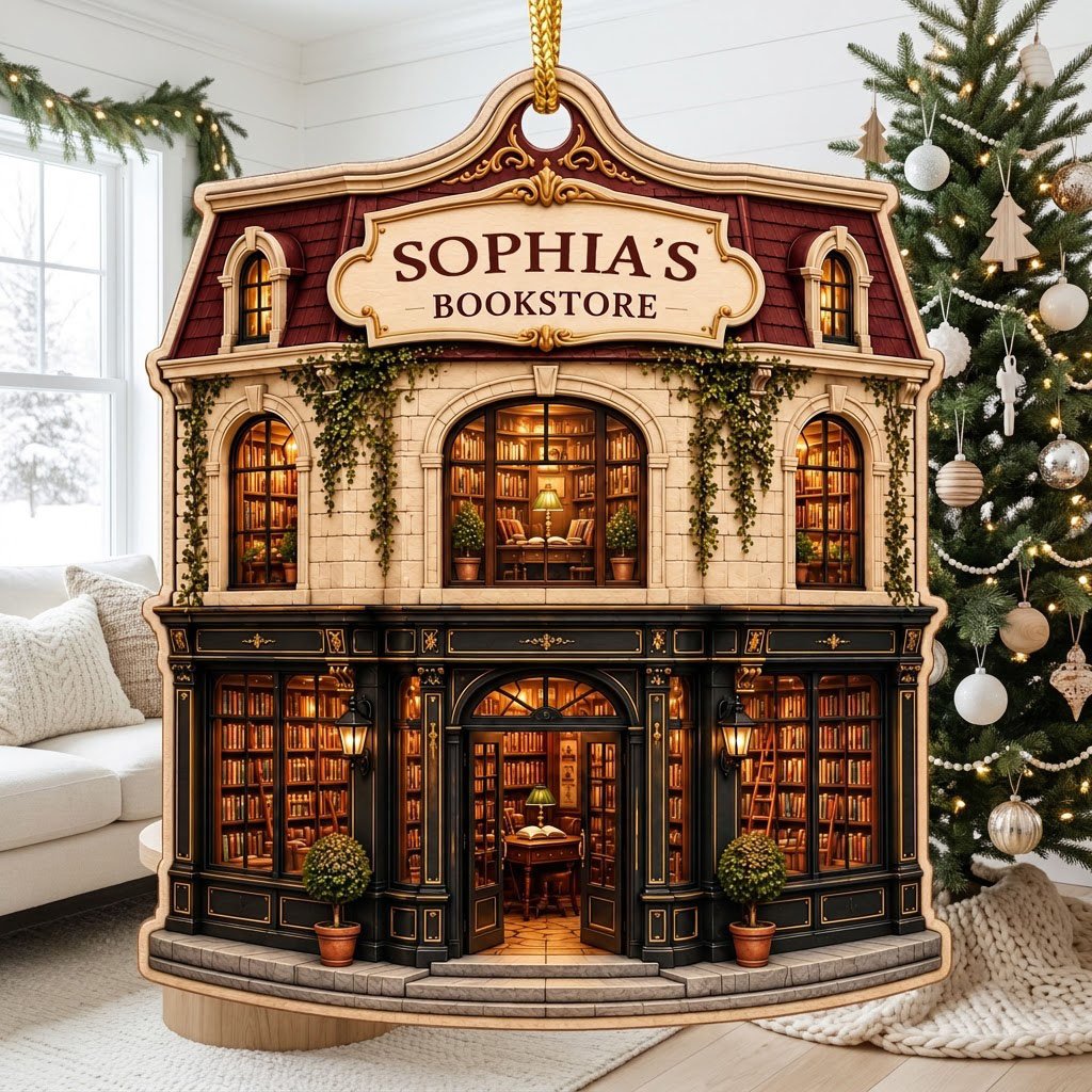 Custom-cut ornament shaped like a vintage bookstore with green and gold storefront and 'BOOKSTORE' text personalized abo