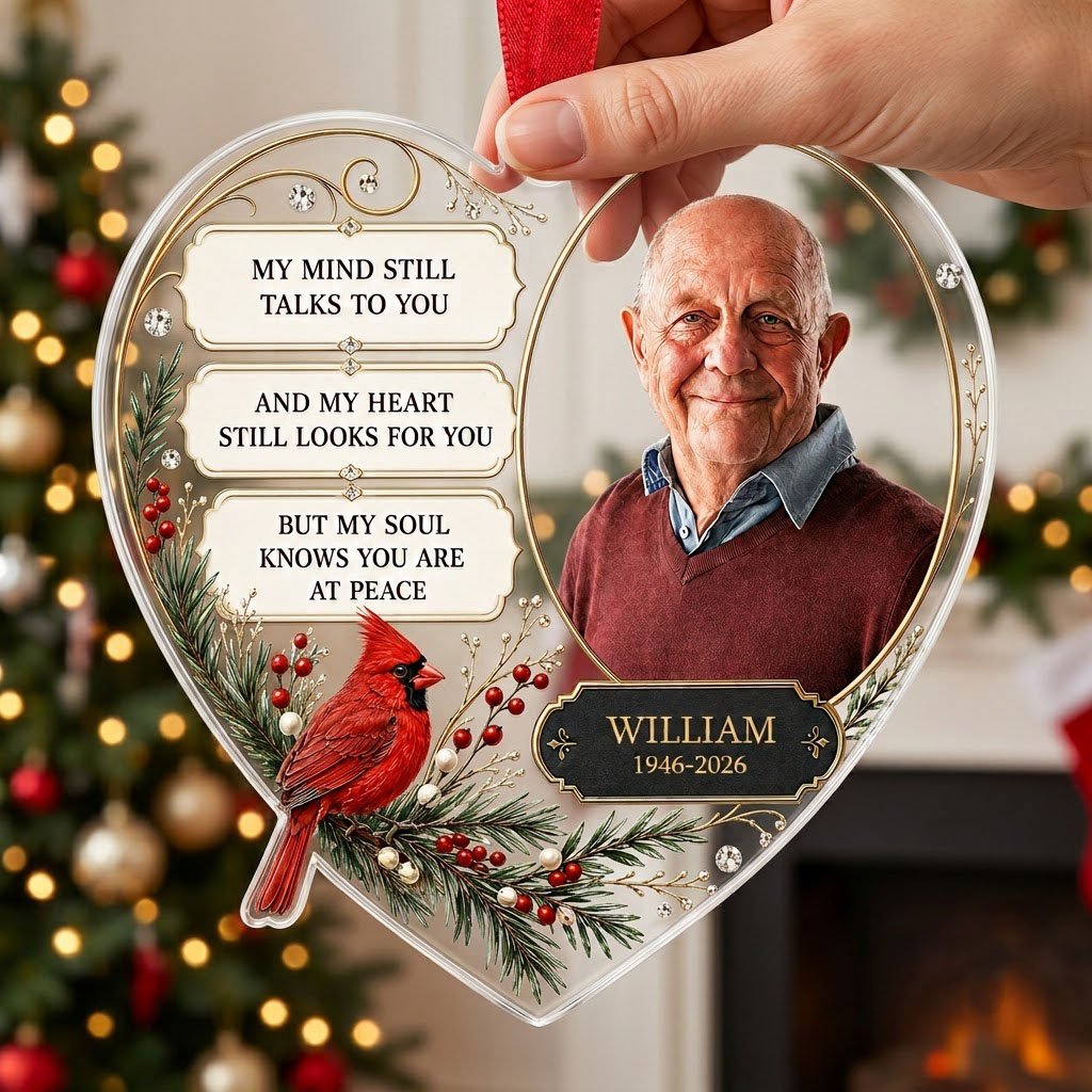 Personalized Cardinal Heart Photo Memorial Acrylic Ornament