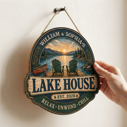 Personalized Lake House Sunset Wooden Hanging Sign