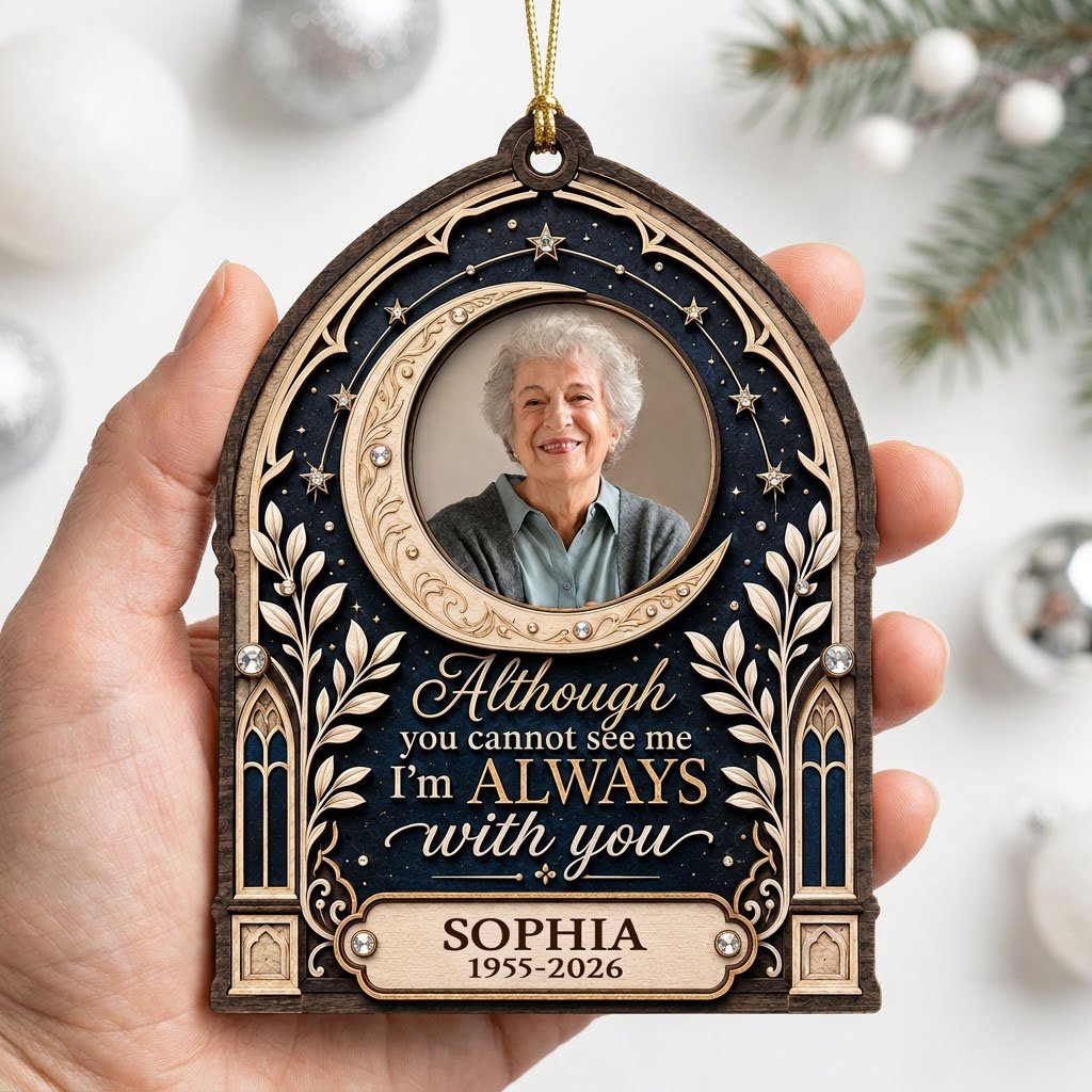 Gothic arch memorial wood ornament with crescent moon photo frame and starry sky with rhinestone accents.