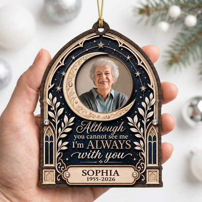 Gothic arch memorial wood ornament with crescent moon photo frame and starry sky with rhinestone accents.