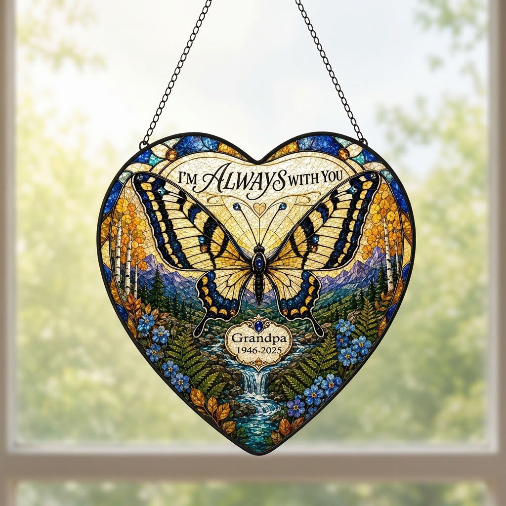 Personalized Butterfly Mountain Waterfall Memorial I'm Always With You Heart Stained Glass Suncatcher