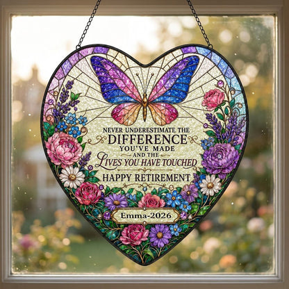 Personalized Butterfly Floral Never Underestimate The Difference Happy Retirement Heart Stained Glass Suncatcher