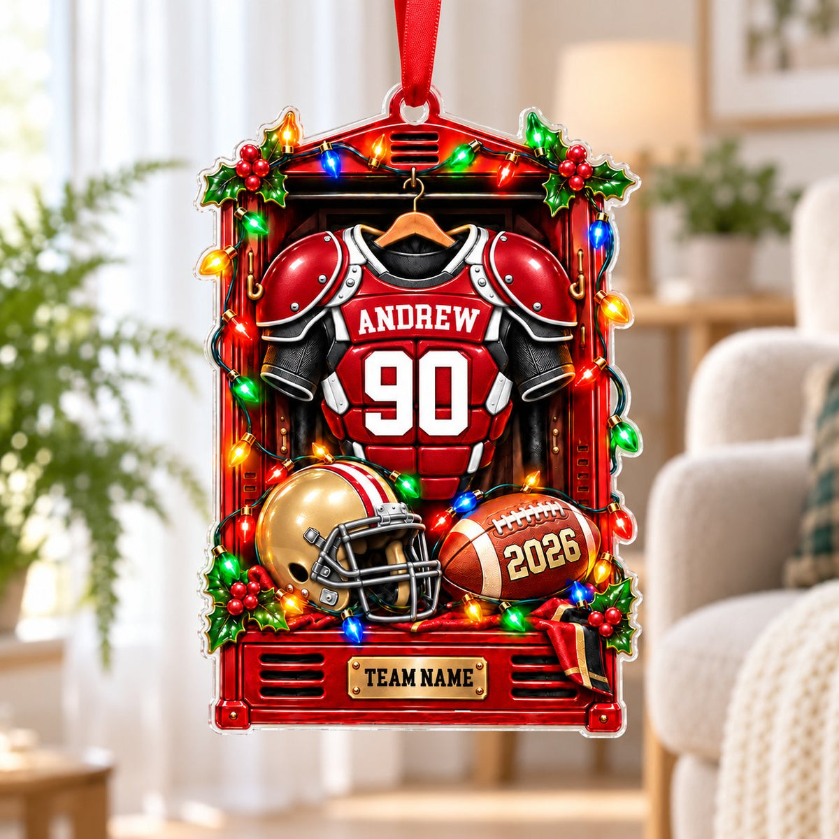 Acrylic ornament with a red football locker, jersey on hanger, gold helmet, brown football and gold plaque
