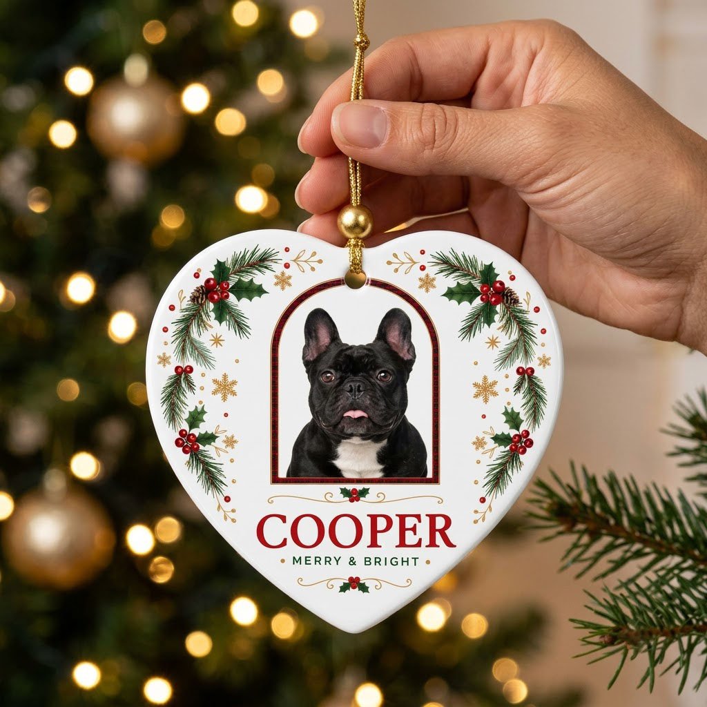 Heart ceramic ornament with dog photo in red-green plaid arch, holly, pine, gold snowflakes, and MERRY & BRIGHT text.