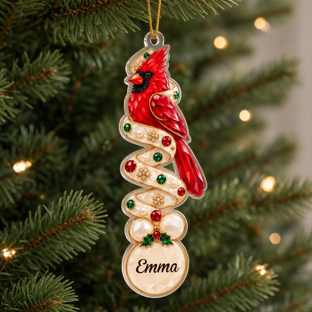 Clear acrylic ornament with a teddy bear or penguin in gem-detailed spiral style, personalized with names.