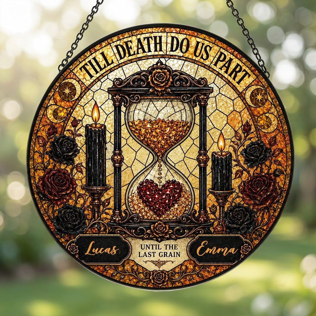 Personalized Gothic Hourglass Till Death Do Us Part Stained Glass Round Suncatcher