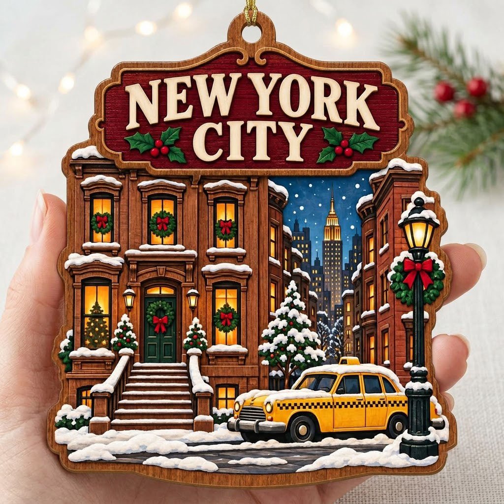 Custom-cut wood ornament with New York City brownstone, yellow taxi, street lamp, and snowy skyline with the Empire Stat