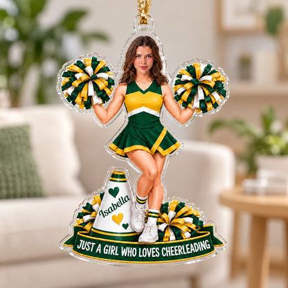 Custom-cut acrylic ornament with cheerleader, pom-poms, white megaphone with hearts, and green name banner.
