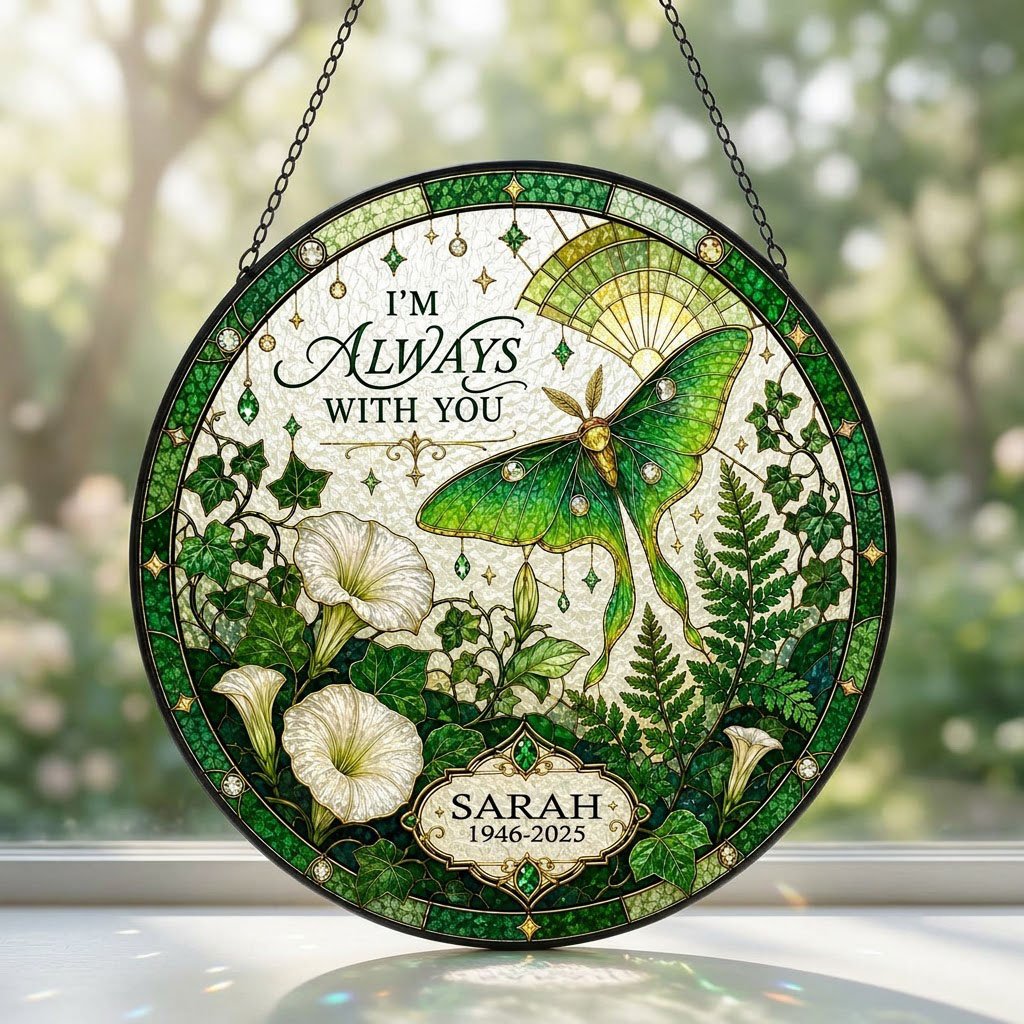 Personalized Luna Moth Memorial I'm Always With You Botanical Stained Glass Round Suncatcher
