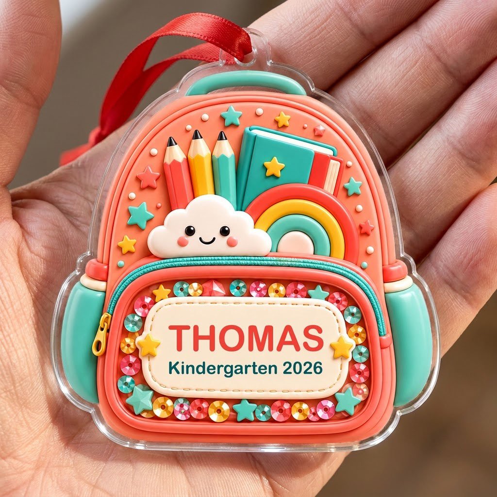 Coral backpack acrylic ornament with pencils, rainbow, smiling cloud, and 'THOMAS' Kindergarten 2026.