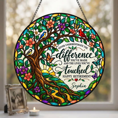 Personalized Retirement Tree of Life Songbirds Never Underestimate The Difference Happy Retirement Stained Glass Round Suncatcher