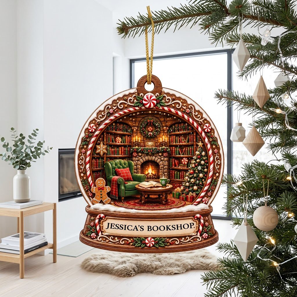 Snow globe ornament with candy-cane frame, cozy book-filled library, fireplace, tree, and 'JESSICA'S BOOKSHOP' nameplate