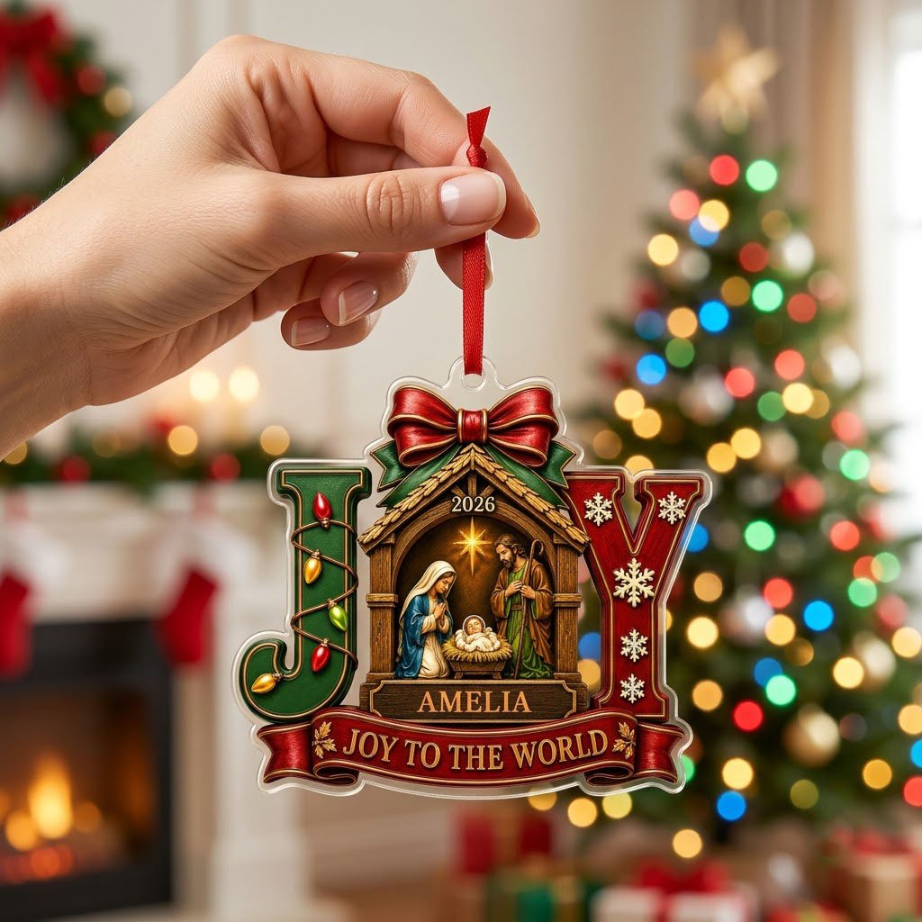 Personalized Nativity Scene JOY Acrylic Ornament, Custom Christian Holy Family Christmas Keepsake