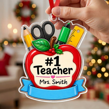 Personalized #1 Teacher Red Apple Acrylic Ornament, Custom School Appreciation Keepsake