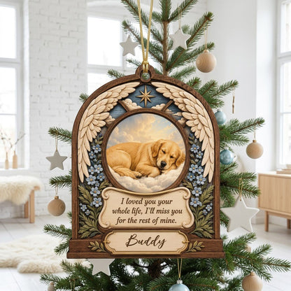 Arch wood ornament with angel wings, star, forget-me-not flowers, and a circular pet photo slot in the center.