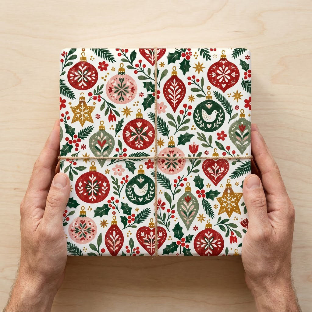 Matte wrapping paper with folk-style red, pink and green ornaments, pine branches, holly and starbursts on cream.
