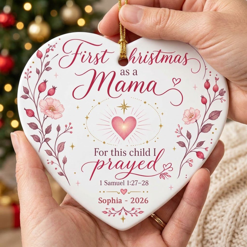 Heart ceramic ornament with pink florals, radiant pink heart, gold star, and First Christmas as a Mama text with name an