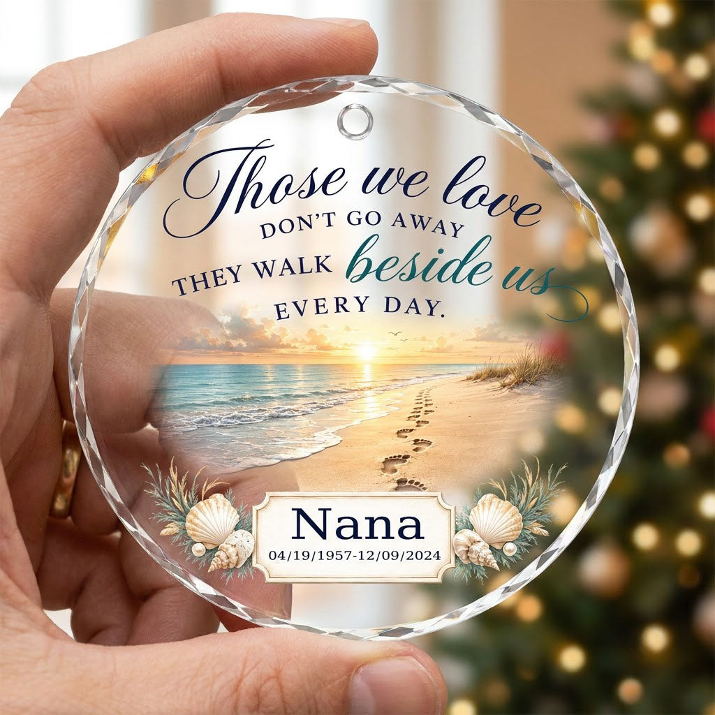 Personalized Beach Footprints Memorial Those We Love Beside Us Round Glass Ornament