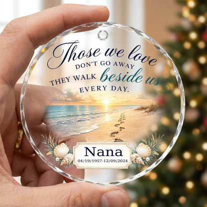 Personalized Beach Footprints Memorial Those We Love Beside Us Round Glass Ornament