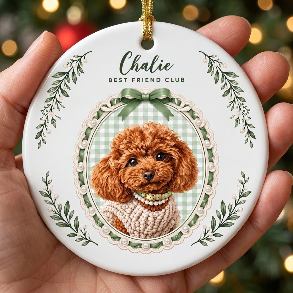 Round ceramic ornament with a poodle portrait, 'BEST FRIEND CLUB', green gingham, bow, and leafy sprigs.